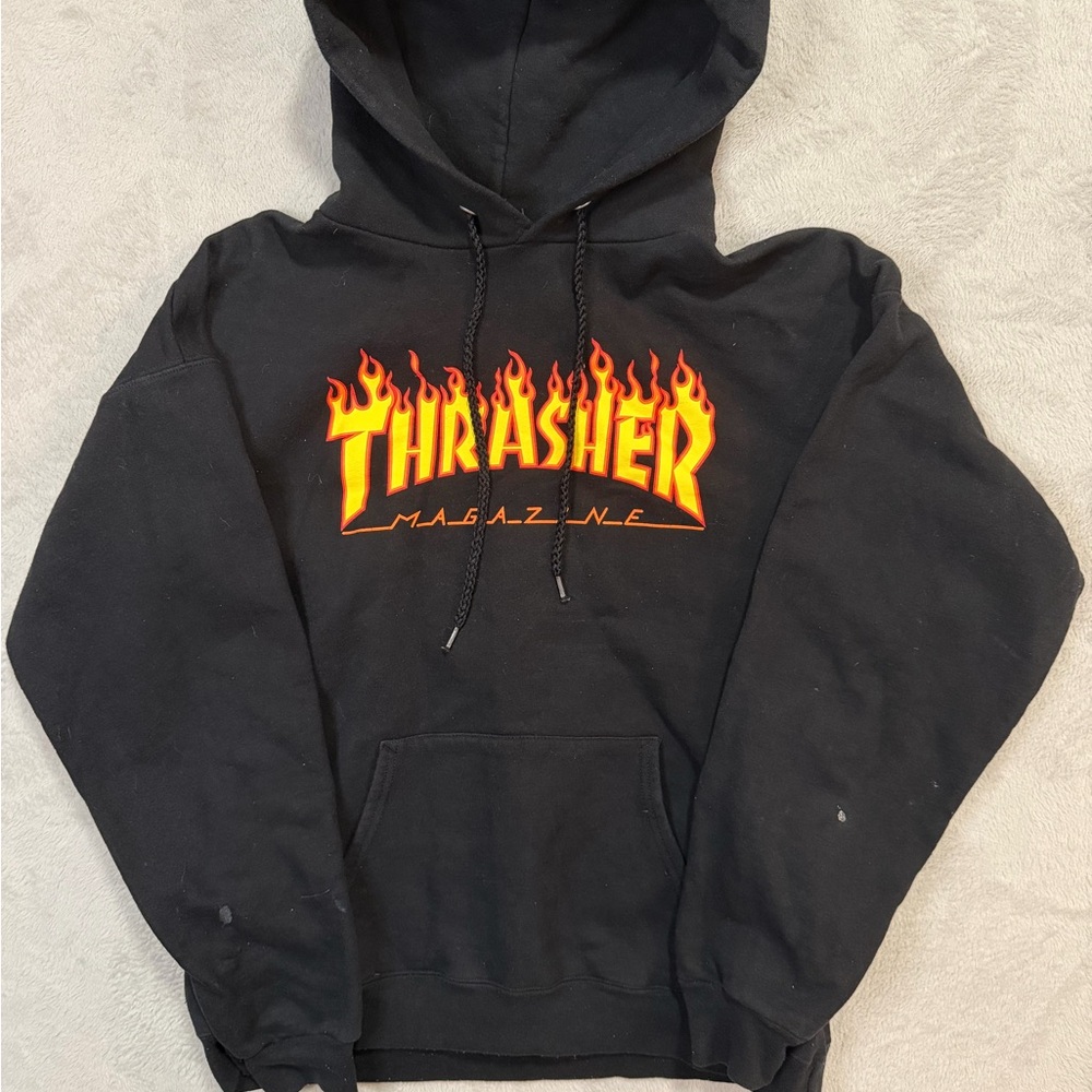 Thrasher Black Hoodie with Red and Yellow Flame Logo